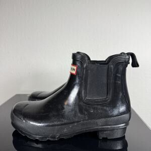 Hunter Women’s Boots Original Chelsea Black Ankle Rubber Rain Boots Size 7 Gloss